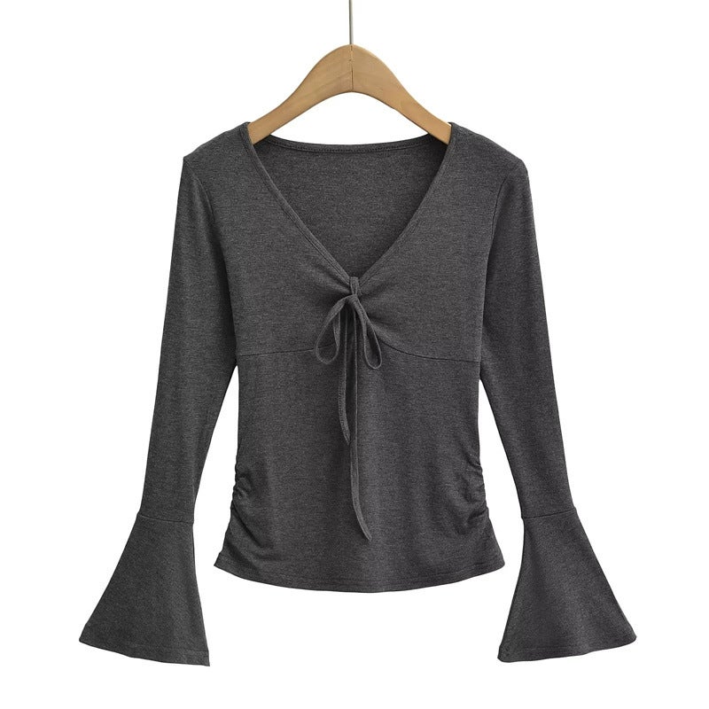 Pure Girl Deep V-Neck Collarbone Lace-Up Bottoming Shirt High Elastic Slim Short Flared Long Sleeve T-Shirt - Image 5