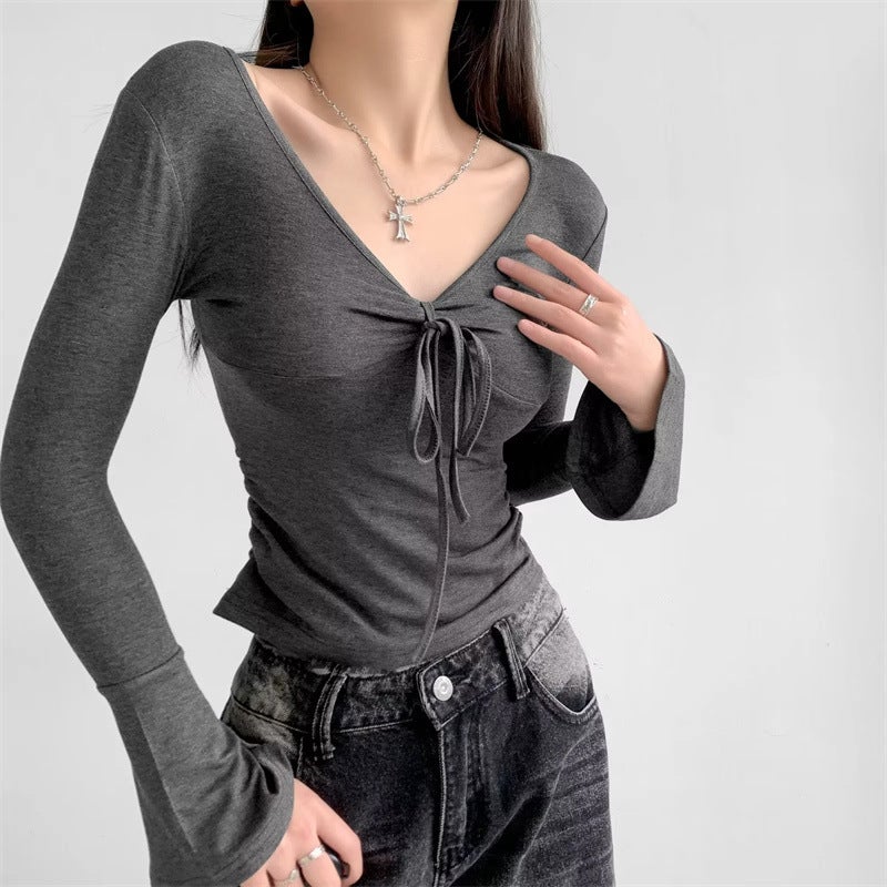 Pure Girl Deep V-Neck Collarbone Lace-Up Bottoming Shirt High Elastic Slim Short Flared Long Sleeve T-Shirt - Image 2