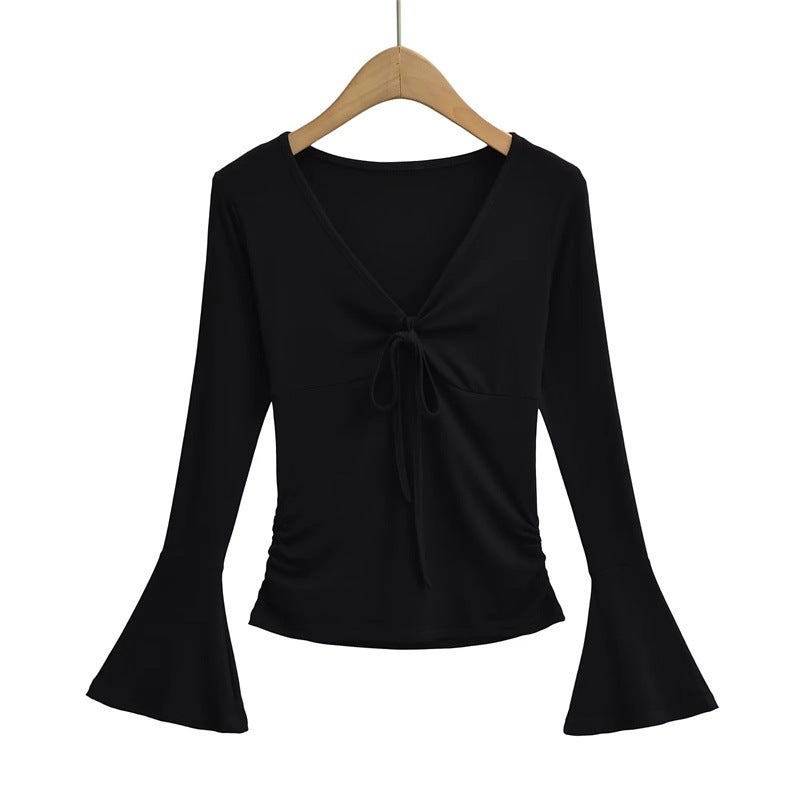 Pure Girl Deep V-Neck Collarbone Lace-Up Bottoming Shirt High Elastic Slim Short Flared Long Sleeve T-Shirt - Image 1