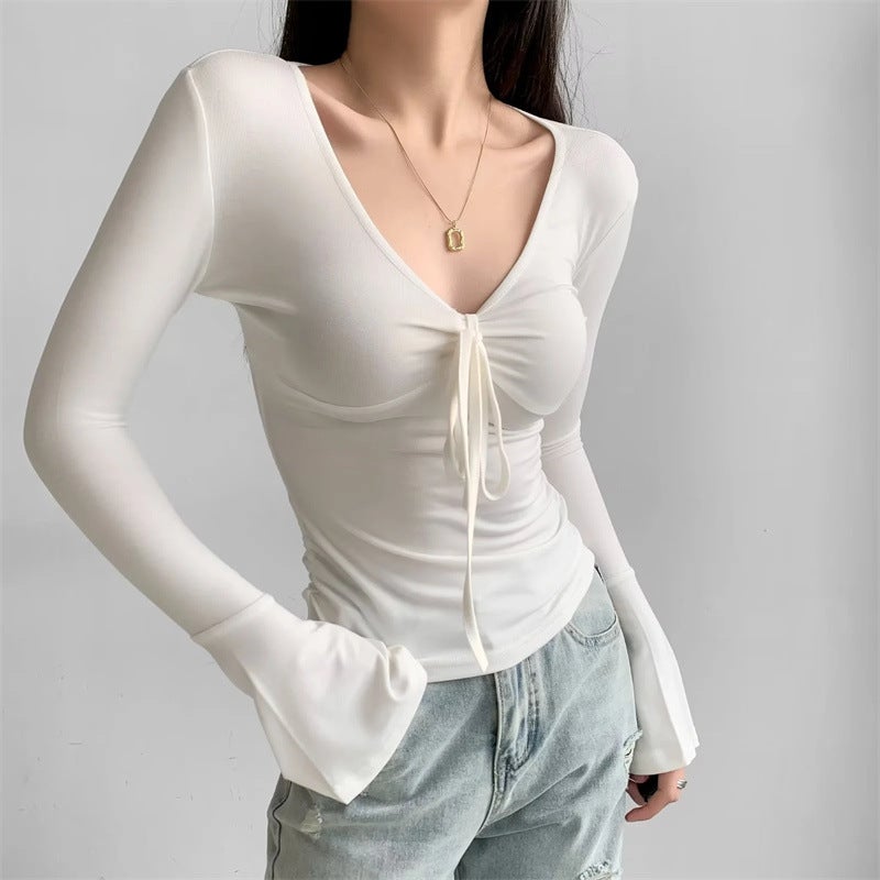 Pure Girl Deep V-Neck Collarbone Lace-Up Bottoming Shirt High Elastic Slim Short Flared Long Sleeve T-Shirt - Image 4