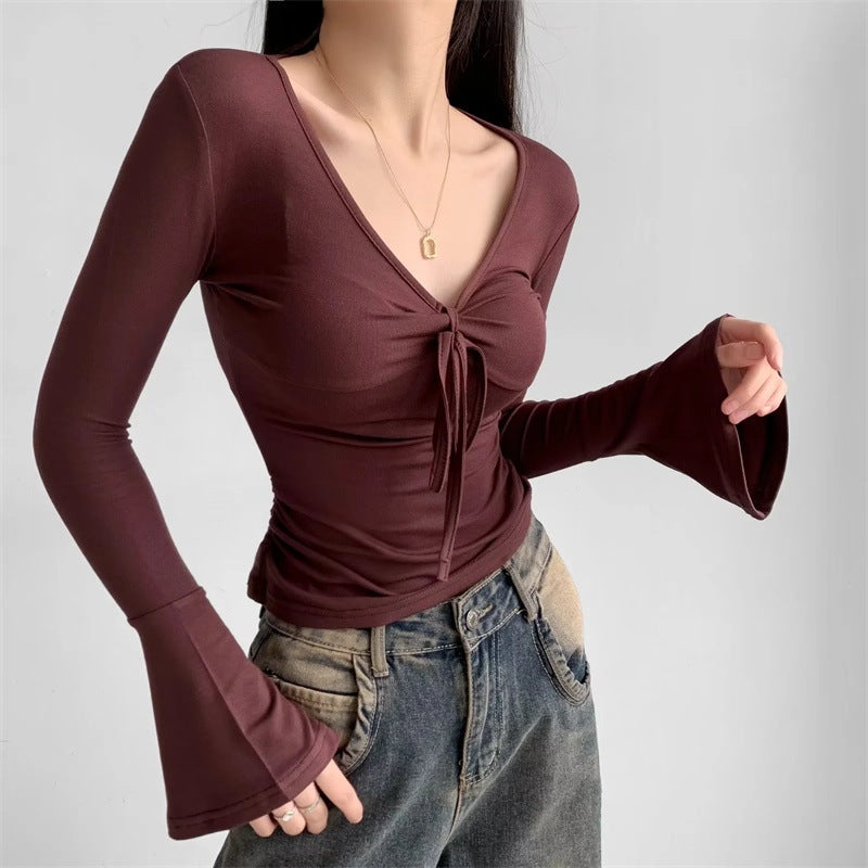 Pure Girl Deep V-Neck Collarbone Lace-Up Bottoming Shirt High Elastic Slim Short Flared Long Sleeve T-Shirt - Image 3