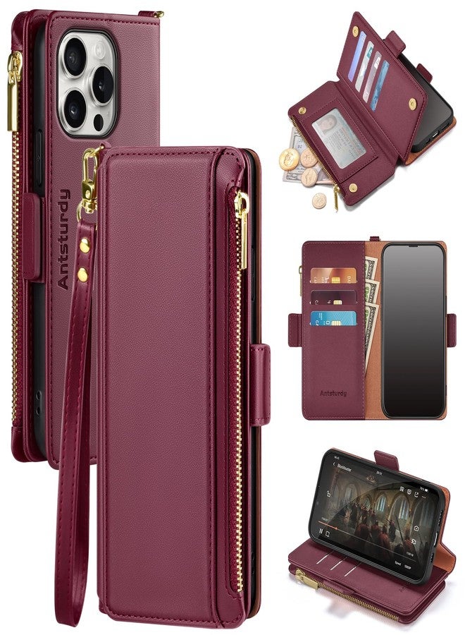 Antsturdy for iPhone 13 Pro Max 5G Wallet case 【RFID Blocking】【Zipper Poket】【7 Card Slot】 PU Leather Magnetic Flip Folio Book Protective Cover Credit Card Holder Kickstand Men Women,Wine Red - Image 1