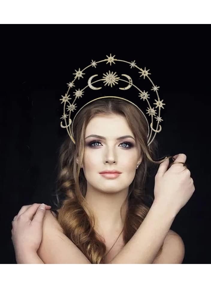 Excefore Halo Crown Moon Stars Crown Halo Headband Crown Celestial Headband Tiaras Crowns for Women Wedding Bridal Prom Tiara with Star Earrings Dangle - Image 3
