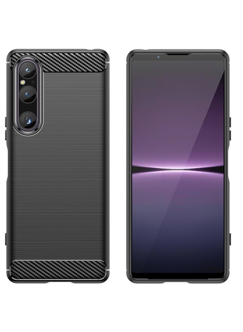 Sony Xperia 1 V  Rugged Shield Cover – Black. Brushed carbon fiber texture, shockproof TPU, anti-slip, slim, and lightweight for durable protection. - Image 1