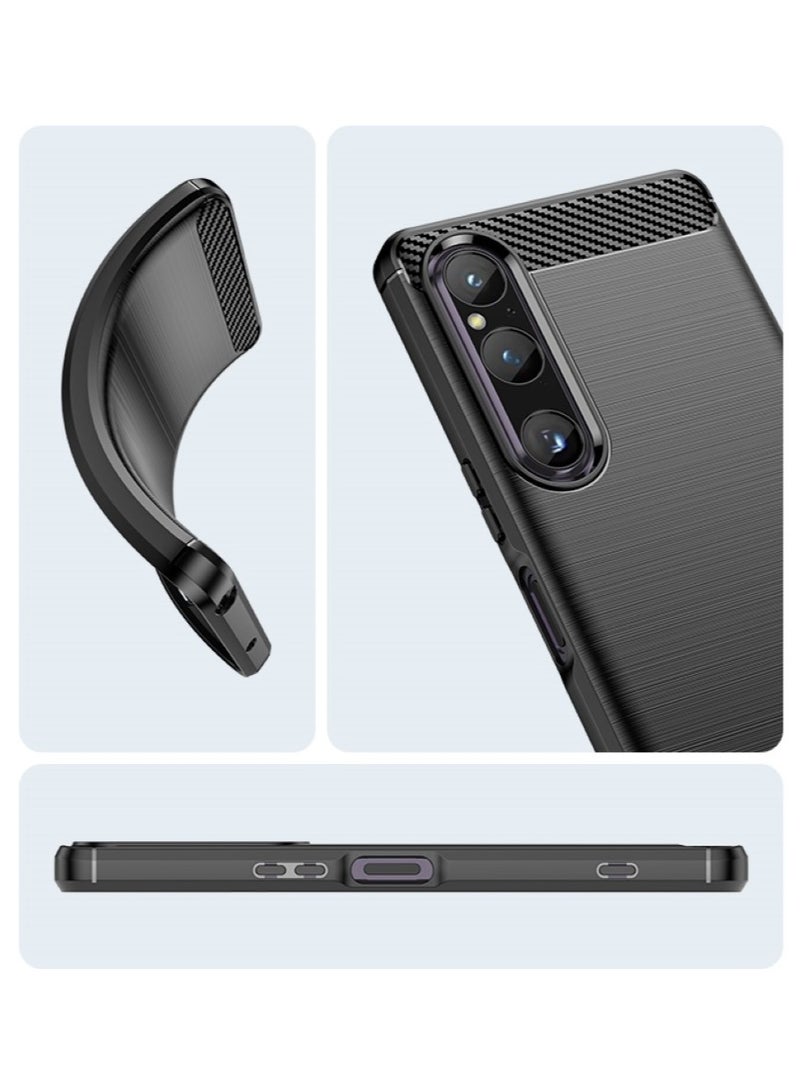 Sony Xperia 1 V  Rugged Shield Cover – Black. Brushed carbon fiber texture, shockproof TPU, anti-slip, slim, and lightweight for durable protection. - Image 2