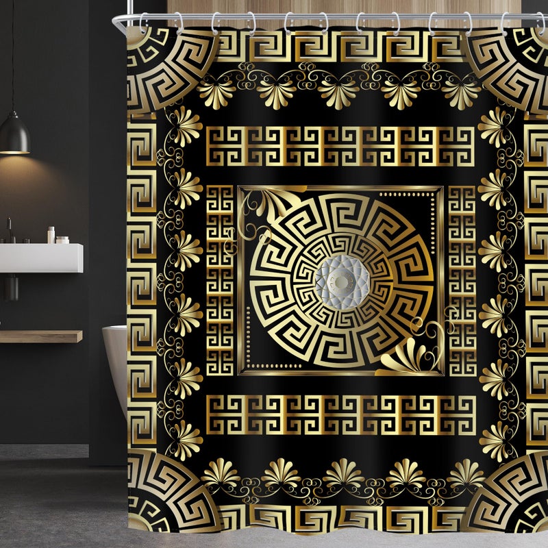 Riyidecor Black Gold Geometric Shower Curtain Vintage Greek Key Abstract Modern Classic Retro Antique Luxury Simple 60Wx72H Inch for Man Males Fabric Decor Bathroom Polyester Waterproof 12 Pack Hooks - Image 1