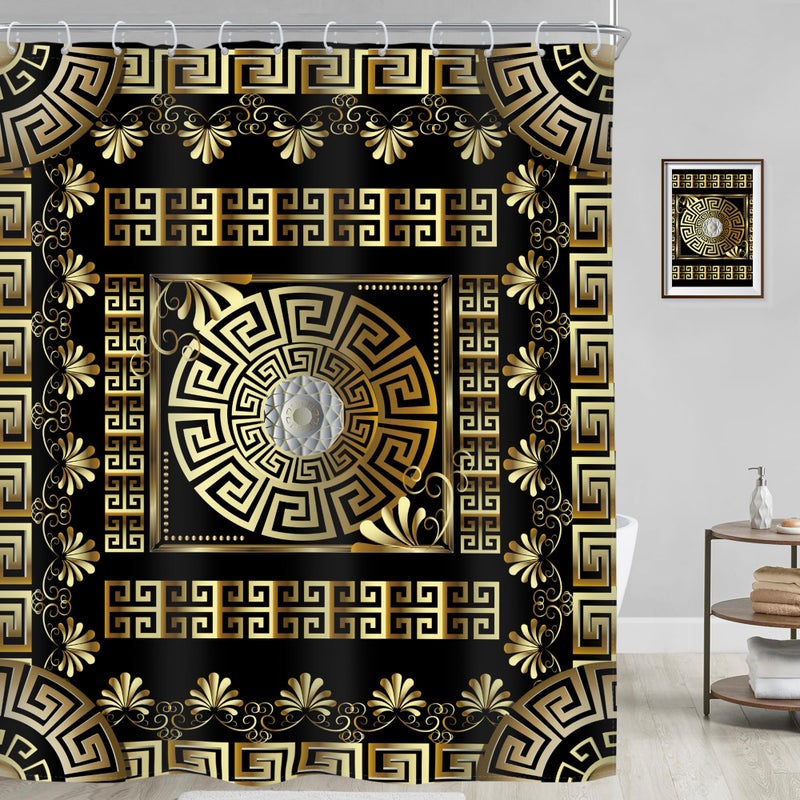 Riyidecor Black Gold Geometric Shower Curtain Vintage Greek Key Abstract Modern Classic Retro Antique Luxury Simple 60Wx72H Inch for Man Males Fabric Decor Bathroom Polyester Waterproof 12 Pack Hooks - Image 2