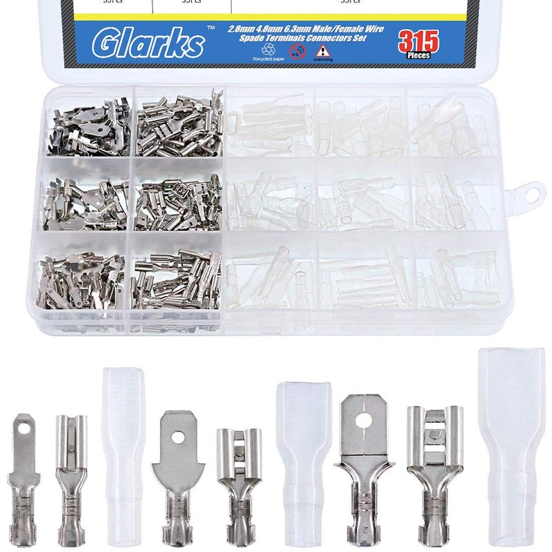 Glarks 315Pcs Quick Splice 2.8mm 4.8mm 6.3mm Male and Female Wire Spade Connector Wire Crimp Terminal Block with Insulating Sleeve Assortment Kit - Image 1
