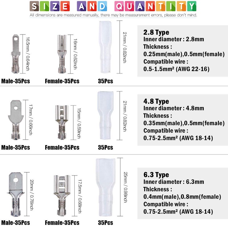 Glarks 315Pcs Quick Splice 2.8mm 4.8mm 6.3mm Male and Female Wire Spade Connector Wire Crimp Terminal Block with Insulating Sleeve Assortment Kit - Image 2