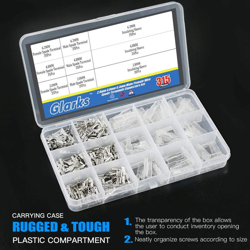 Glarks 315Pcs Quick Splice 2.8mm 4.8mm 6.3mm Male and Female Wire Spade Connector Wire Crimp Terminal Block with Insulating Sleeve Assortment Kit - Image 4