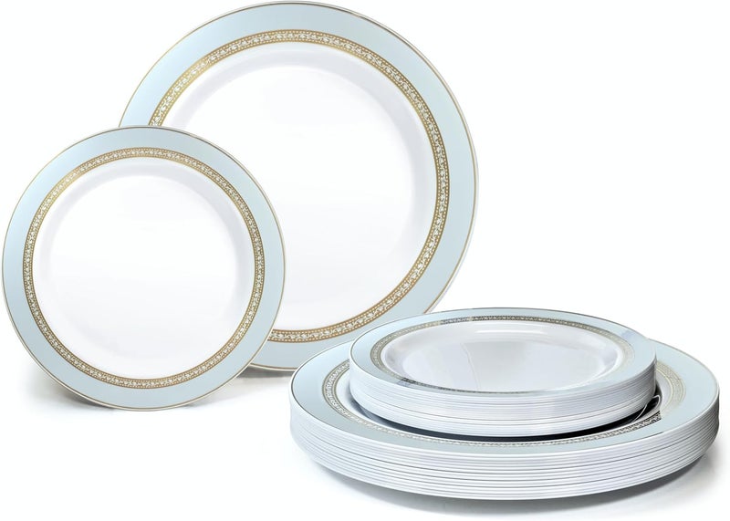 OCCASIONS FINEST PLASTIC TABLEWARE " OCCASIONS " 240 Plates Pack,(120 Guests) Heavyweight Premium Disposable Plastic Plates Set -120 x 10.5'' Dinner + 120 x 7.5'' Salad/Dessert (Ritz Blue and Gold) - Image 1