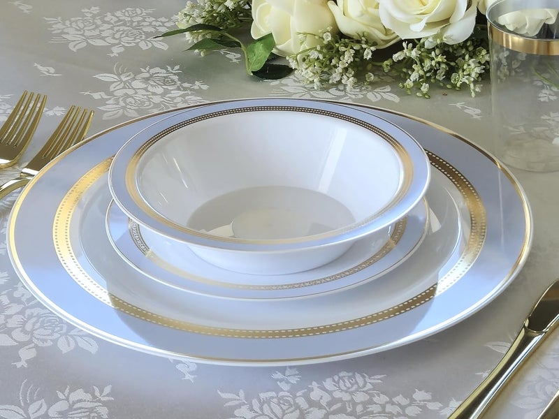 OCCASIONS FINEST PLASTIC TABLEWARE " OCCASIONS " 240 Plates Pack,(120 Guests) Heavyweight Premium Disposable Plastic Plates Set -120 x 10.5'' Dinner + 120 x 7.5'' Salad/Dessert (Ritz Blue and Gold) - Image 3