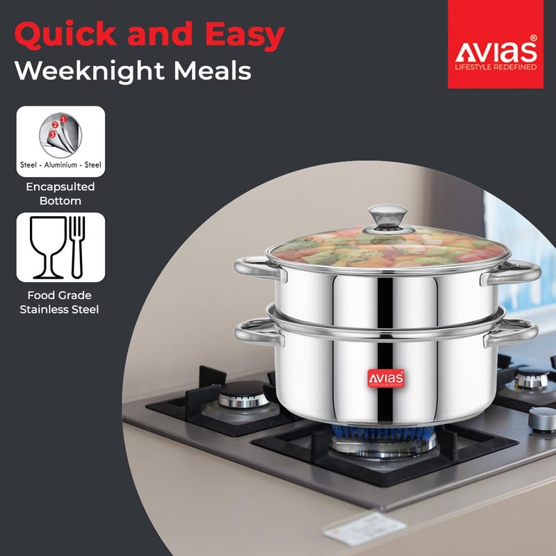 Avias Spectra Stainless Steel Steamer / 22cm Steamer for Cooking/Vegetable Idli Modak Momo Steamer/Strong Side Handles for Easy Use/Food Steamer/Cookware Set of 1 / Shiny Mirror Finish / 22cm - Image 3