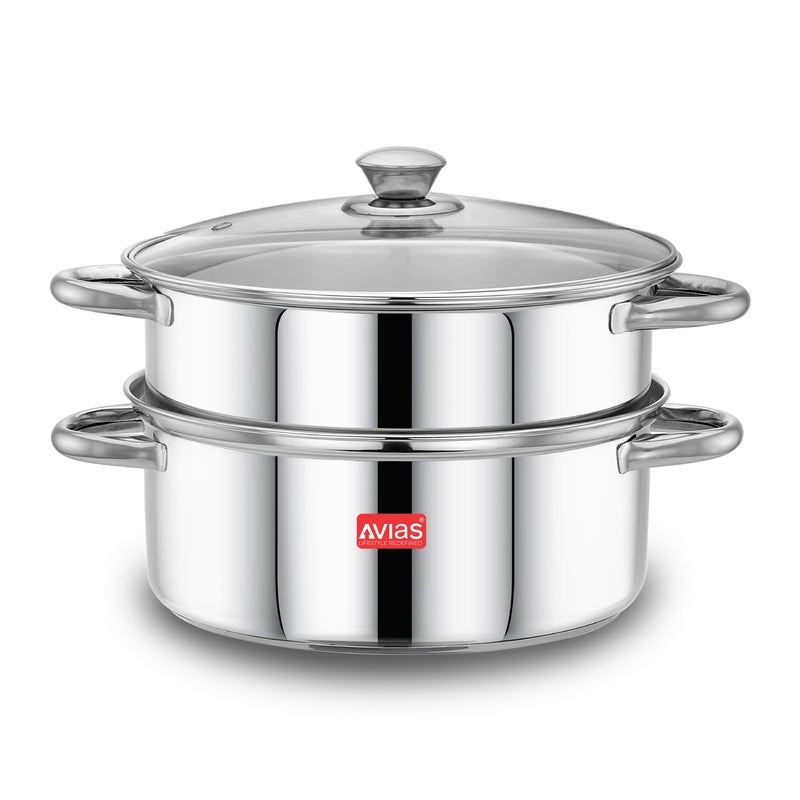 Avias Spectra Stainless Steel Steamer / 22cm Steamer for Cooking/Vegetable Idli Modak Momo Steamer/Strong Side Handles for Easy Use/Food Steamer/Cookware Set of 1 / Shiny Mirror Finish / 22cm - Image 1