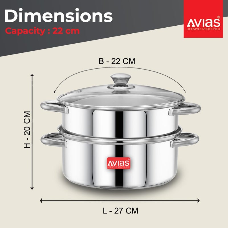 Avias Spectra Stainless Steel Steamer / 22cm Steamer for Cooking/Vegetable Idli Modak Momo Steamer/Strong Side Handles for Easy Use/Food Steamer/Cookware Set of 1 / Shiny Mirror Finish / 22cm - Image 4