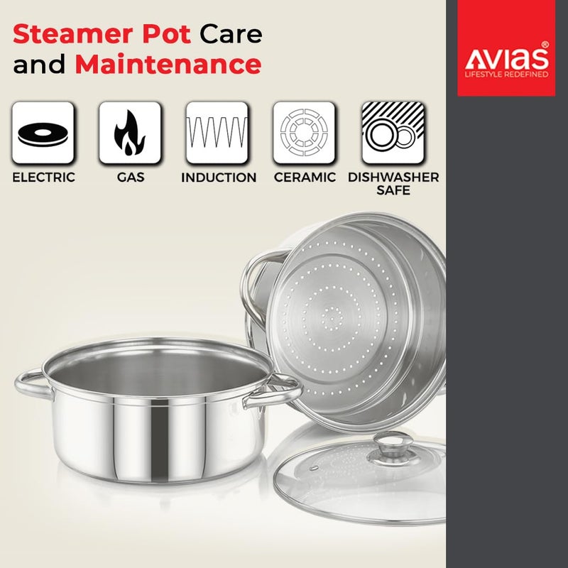 Avias Spectra Stainless Steel Steamer / 22cm Steamer for Cooking/Vegetable Idli Modak Momo Steamer/Strong Side Handles for Easy Use/Food Steamer/Cookware Set of 1 / Shiny Mirror Finish / 22cm - Image 2