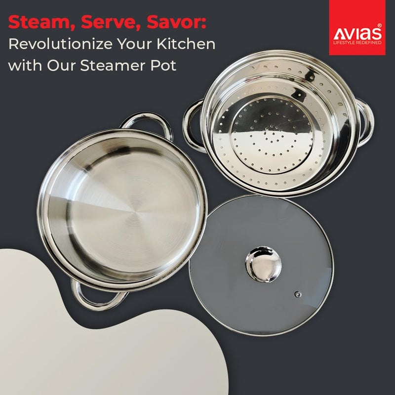 Avias Spectra Stainless Steel Steamer / 22cm Steamer for Cooking/Vegetable Idli Modak Momo Steamer/Strong Side Handles for Easy Use/Food Steamer/Cookware Set of 1 / Shiny Mirror Finish / 22cm - Image 5