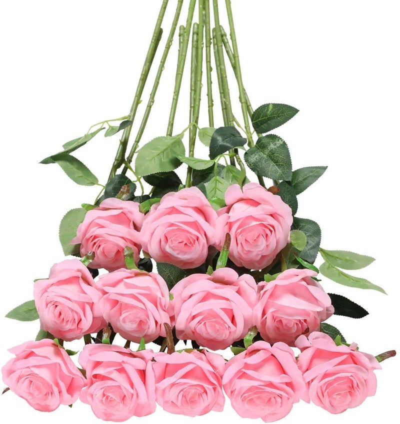 Tifuly Pink Roses Artificial Flowers 12 pcs Realistic Single Long Stem Fake Silk Roses Bouquet for Party Home Wedding Centerpiece Office DIY Decor