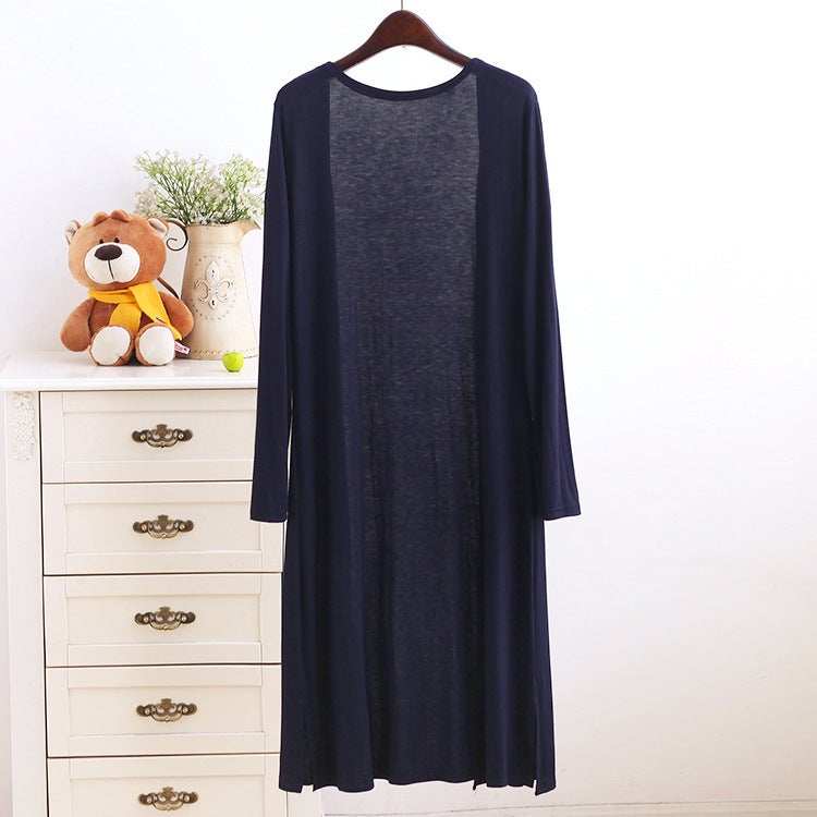 Spring and Summer Modal Long Pocket Cardigan Sun Protection Clothing Womens Casual Air-conditioning Shirt Long Thin Coat Outer Shawl Navy blue
