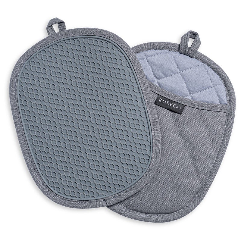 rorecay 2-Pack Silicone Pot Holders for Kitchen Heat Resistant up to 500Â°F, Non-Slip Large Hot Pads with Pocket, Quilted Liner Trivets for Countertops Hot Pots and Pans (Gray) - Image 1
