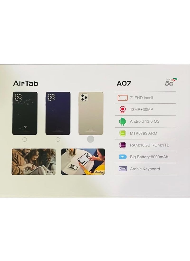 إيرتاب - تابلت اير تاب A07 مع لوحة مفاتيح عربية ؛ شاشة 7 بوصة FHD ؛ ذاكرة داخلية 1 تيرابايت ؛ رام 16 جيجابايت - مع بطارية قوية 8000 مللي أمبير في الساعة رمادي - Image 1