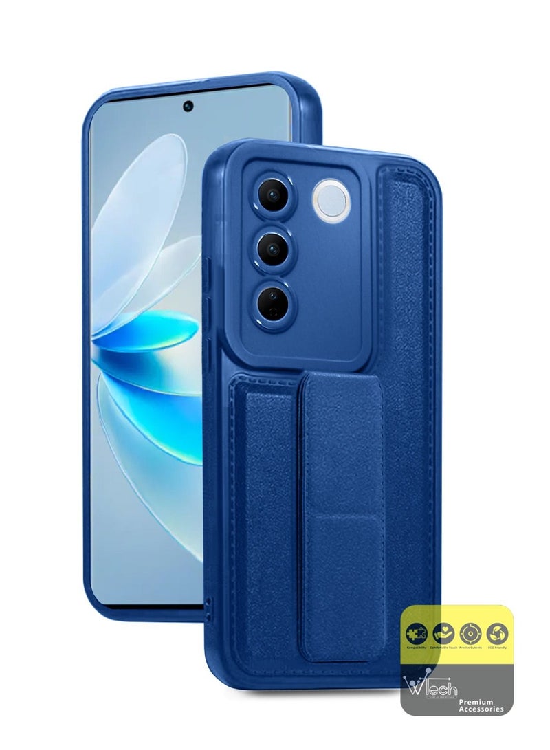 دبليو تيك قبضة يد قابلة للطي مع حزام معصم قبضة الإصبع مع قطعة حديد مدمجة غطاء حامل سيارة مغناطيسي لهاتف Vivo V27 5G 2023 أزرق كحلي - Image 1