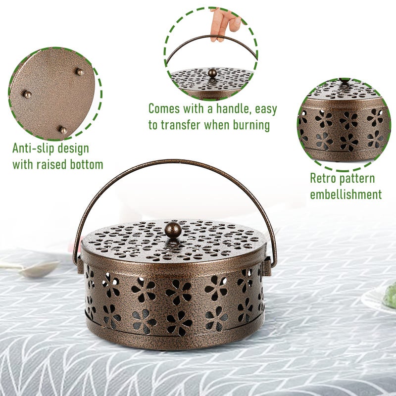 Whiidoom Retro Portable Iron Mosquito Coil Holder With Handle Round Fireproof Incense Holder (Bronze) - Image 5