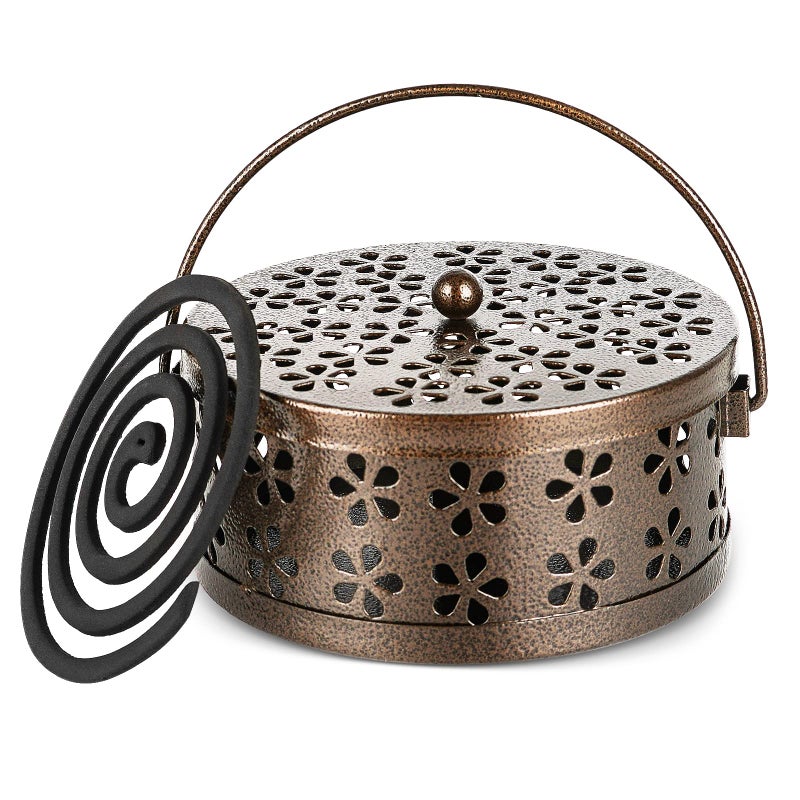 Whiidoom Retro Portable Iron Mosquito Coil Holder With Handle Round Fireproof Incense Holder (Bronze) - Image 1