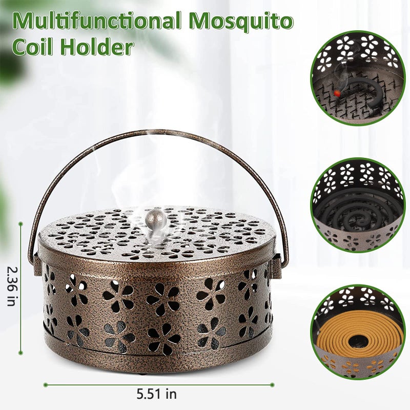 Whiidoom Retro Portable Iron Mosquito Coil Holder With Handle Round Fireproof Incense Holder (Bronze) - Image 2