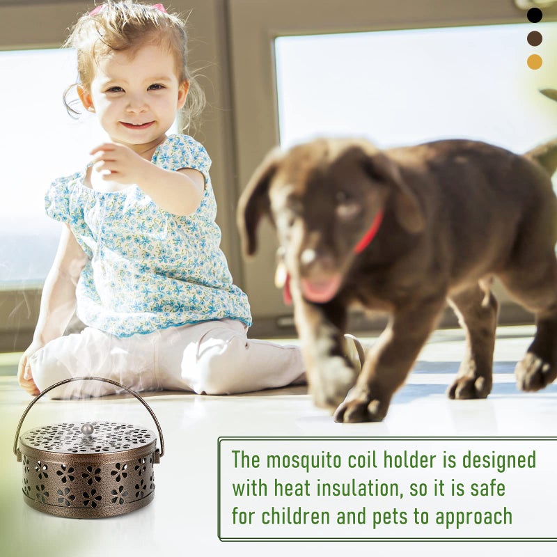 Whiidoom Retro Portable Iron Mosquito Coil Holder With Handle Round Fireproof Incense Holder (Bronze) - Image 4