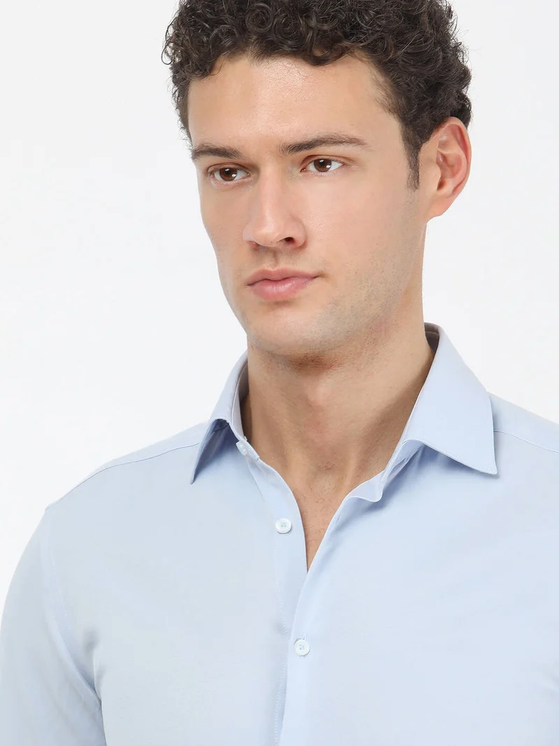 كيب Light Blue Plain Slim Fit Woven Classic Cotton Blend Shirt