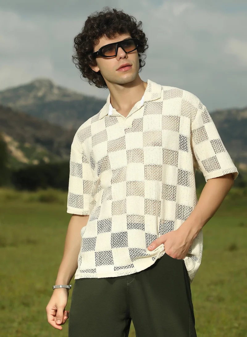 كامبوس سوترا تيشيرت بولو رجالي بيج مقاس كبير بنقشة مربعات