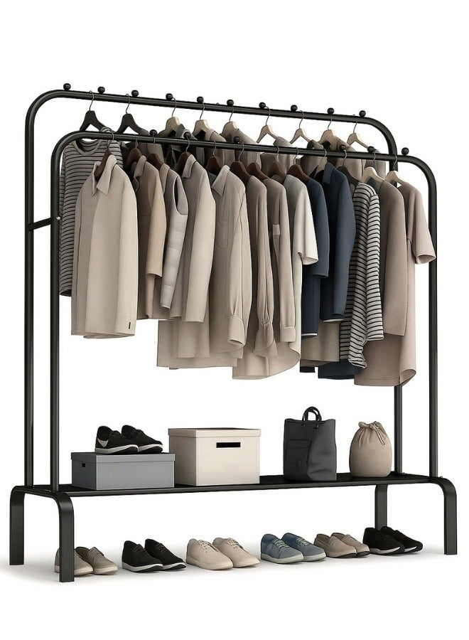 رف ملابس معدني متعدد الاستخدامات – منظم ملابس واضح مع عمودين لتعليق الملابس وفوف تخزين الأحذية والحقائب – شماعة قائمة الملابس للممر، غرفة النوم، غرفة الغسيل والتخزين 110x57x150سم (أسود)