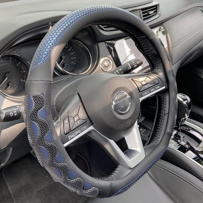 PINCTROT D Shaped 14.5-15 Inch Steering Wheel Cover Great Grip with 3D Honeycomb Anti-Slip Design, Flat Bottom 14.5-15 Inch (Blue) - Image 1