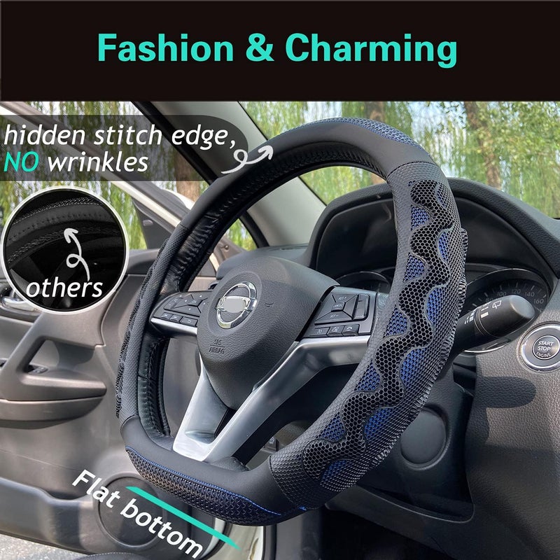 PINCTROT D Shaped 14.5-15 Inch Steering Wheel Cover Great Grip with 3D Honeycomb Anti-Slip Design, Flat Bottom 14.5-15 Inch (Blue) - Image 2