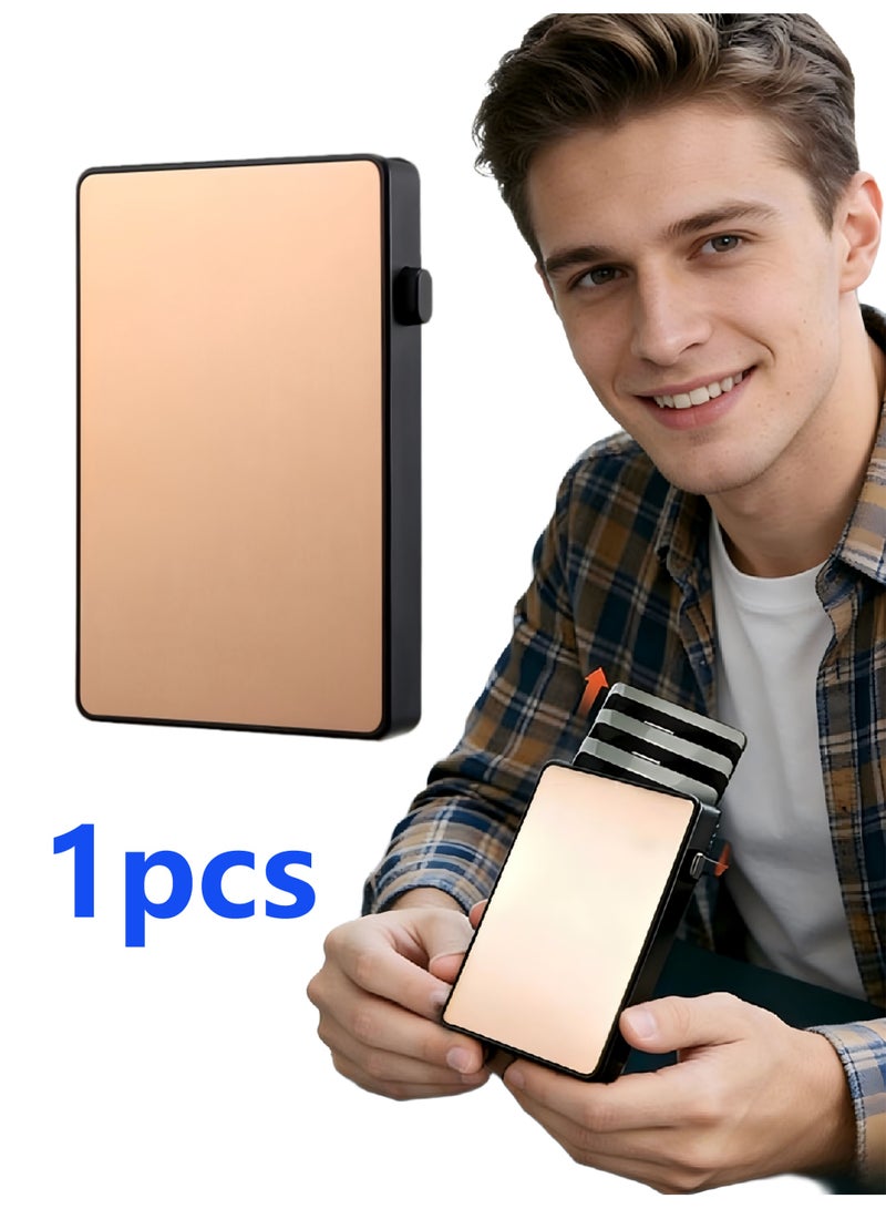 Minimalist gold men's pop-out card holder, RFID-protected ultra-thin business credit card wallet with cash pocket, aluminum alloy card holder, black design, can hold Airtag cards, cash, coins and credit cards. - Image 1