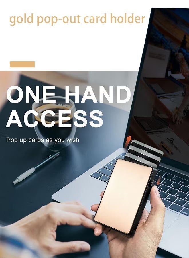 Minimalist gold men's pop-out card holder, RFID-protected ultra-thin business credit card wallet with cash pocket, aluminum alloy card holder, black design, can hold Airtag cards, cash, coins and credit cards. - Image 4