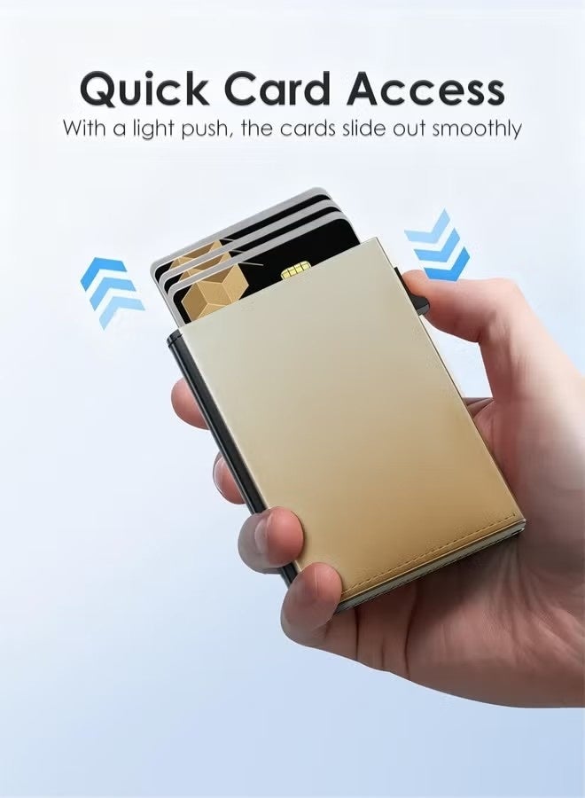 Minimalist gold men's pop-out card holder, RFID-protected ultra-thin business credit card wallet with cash pocket, aluminum alloy card holder, black design, can hold Airtag cards, cash, coins and credit cards. - Image 3