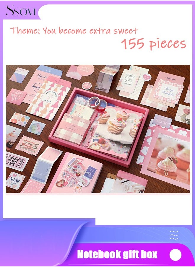 Ssovi 155-piece Gift Box A6 Notebook Poster cover Notepad Background Paper Daily Sticker PET Sticker Paper Photo Frame Card Cute Gift（Pink）  - Image 1