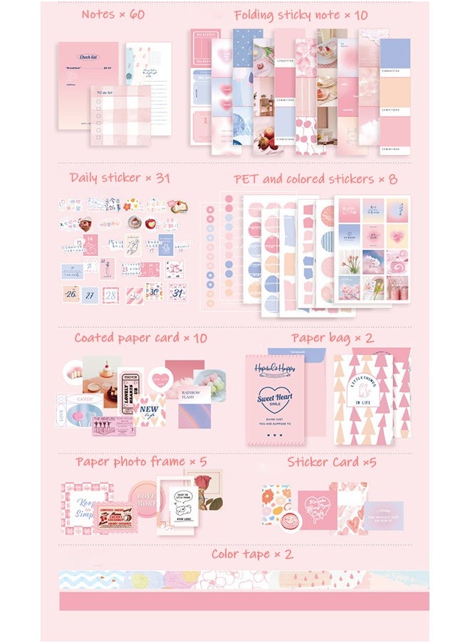 Ssovi 155-piece Gift Box A6 Notebook Poster cover Notepad Background Paper Daily Sticker PET Sticker Paper Photo Frame Card Cute Gift（Pink）  - Image 3