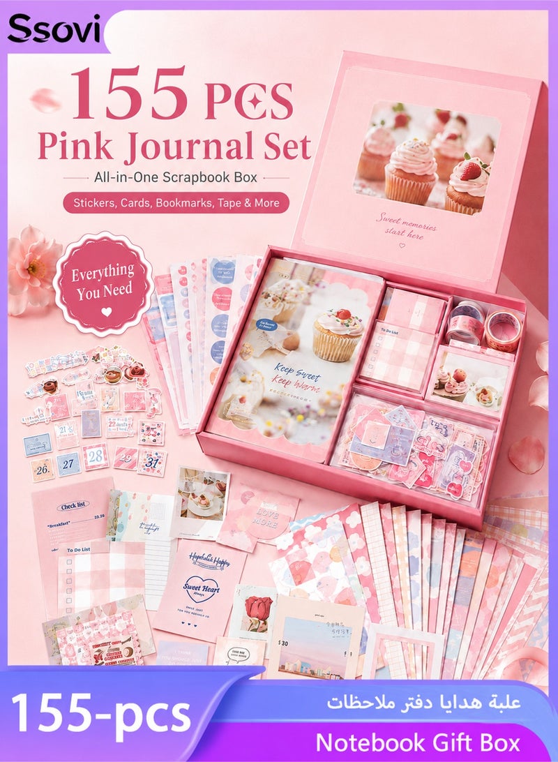 Ssovi 155-piece Gift Box A6 Notebook Poster cover Notepad Background Paper Daily Sticker PET Sticker Paper Photo Frame Card Cute Gift（Pink） - Image 1