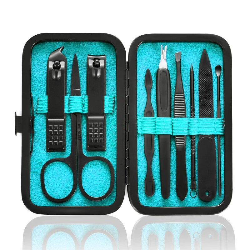 HANTEKAS Manicure Set 9 in 1 Stainless Steel, Nail Clippers Scissors Pedicure Tools Kit - Portable Travel Grooming Kit for Men and Women with Black/Blue Leather Case (Blue) - Image 1