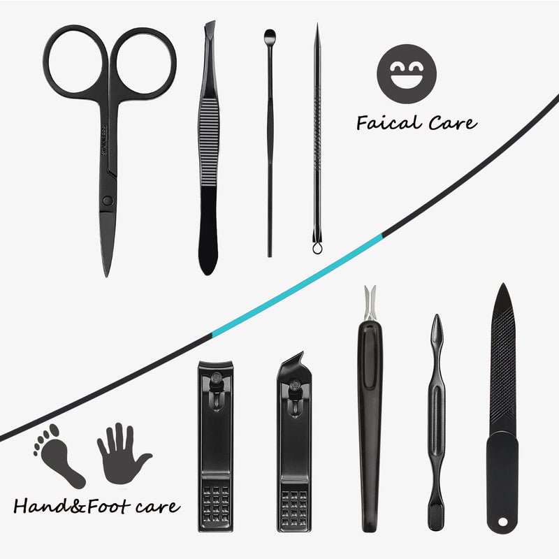 HANTEKAS Manicure Set 9 in 1 Stainless Steel, Nail Clippers Scissors Pedicure Tools Kit - Portable Travel Grooming Kit for Men and Women with Black/Blue Leather Case (Blue) - Image 4