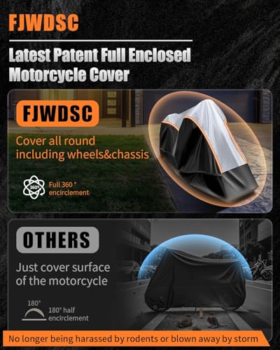 FJWDSC Full Enclosed Large Motorcycle Cover Waterproof Outdoor/Indoor Storage Motorcycle Cover Heavy Duty with Reflective Strips Fits Motorcycles Length up to 118" with Side+Top Box (Black+Sliver) - Image 2