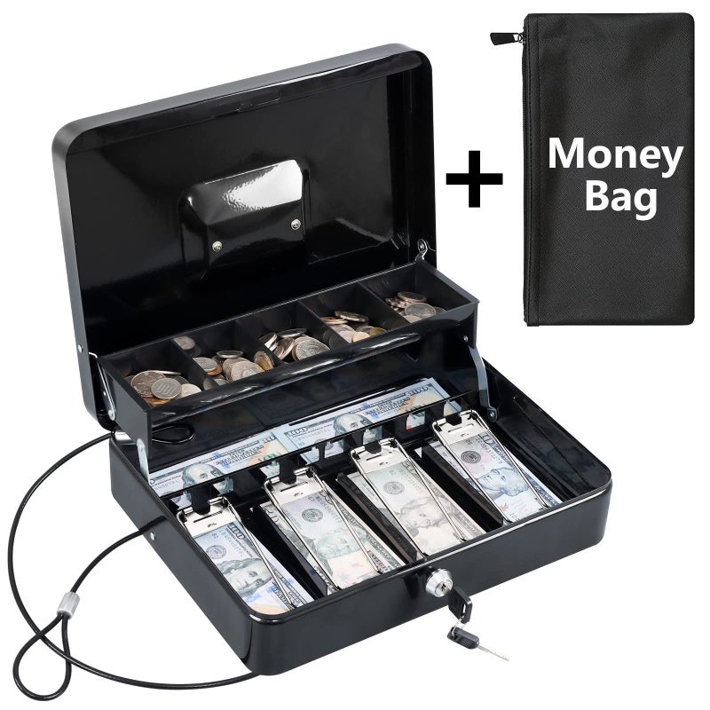 KYODOLED Cash Box with Money Tray, Key Lock Money Safe with Security Cable and Waterproof Bag, 11.81L*9.45W*3.54H inch, Black X Large - Image 1