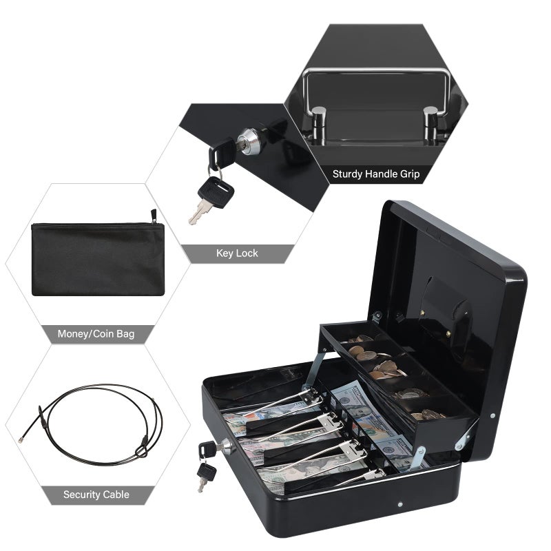 KYODOLED Cash Box with Money Tray, Key Lock Money Safe with Security Cable and Waterproof Bag, 11.81L*9.45W*3.54H inch, Black X Large - Image 3