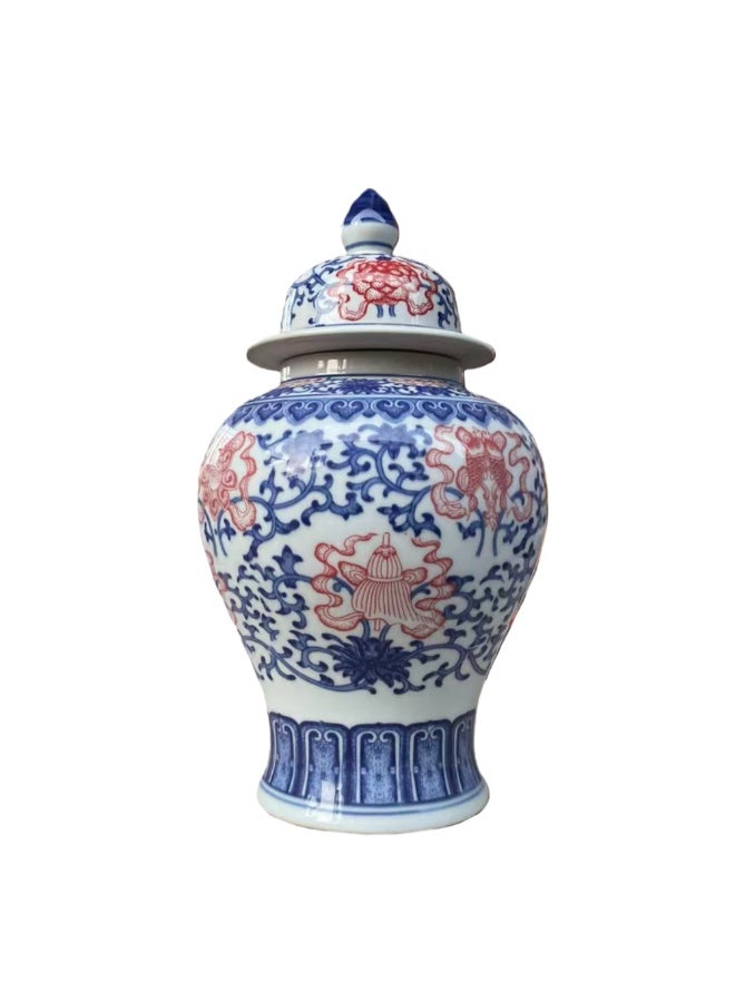 Traditional Blue & Red Porcelain Ginger Jar Vase with Lid – 35 cm Decorative Ceramic Pottery, Oriental Antique Style, Elegant Home Décor - Image 1