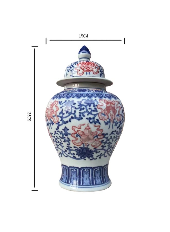Traditional Blue & Red Porcelain Ginger Jar Vase with Lid – 35 cm Decorative Ceramic Pottery, Oriental Antique Style, Elegant Home Décor - Image 2