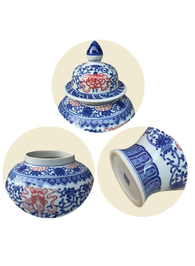 Traditional Blue & Red Porcelain Ginger Jar Vase with Lid – 35 cm Decorative Ceramic Pottery, Oriental Antique Style, Elegant Home Décor - Image 3