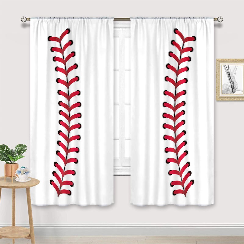 Cinbloo Boys Baseball Curtains Rod Pocket 42W x 63L Inch Sports Red Baseball Wall Decor for Kids Men Baseball Texture Teen Nursery Cool Art Printed Bedroom Living Room Window Drapes Fabric 2 Panels - Image 2